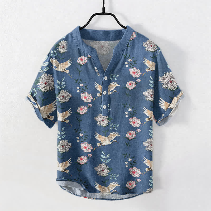 Buddha Stones Cotton Crane Floral Print Men's Short Sleeve Half Button Shirt