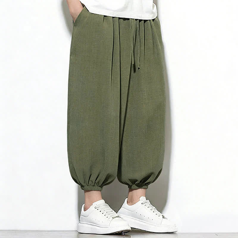 Buddha Stones Spring Solid Color Drawstring Elastic Design Men's Harem Capri Pants