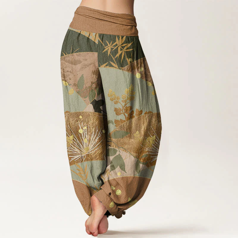Buddha Stones Cotton Semicircle Leaves Pattern Women's Elastic Waist Harem Pants