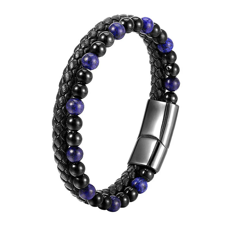 Buddha Stones Black Onyx Lazurite Lapis Lazuli Titanium Steel Positive Self Care Leather Bracelet
