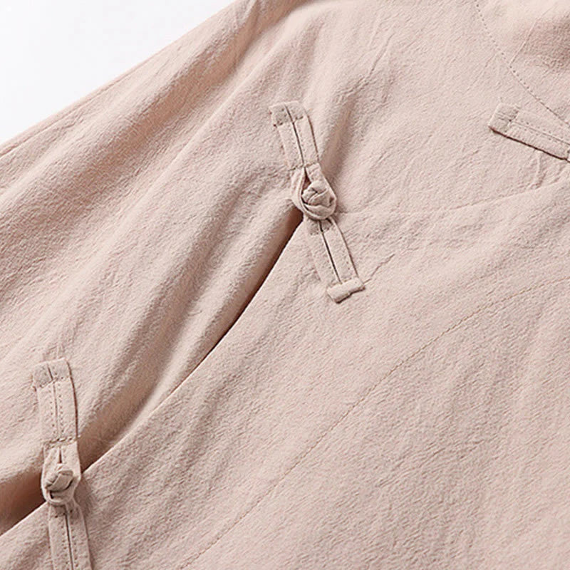 Buddha Stones Vintage Plain Chinese Frog-Button Cotton Long Sleeve Men's Shirt