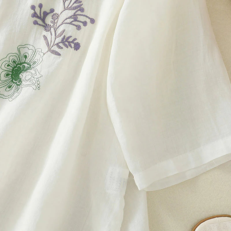 Buddha Stones Embroidery Pleated Design Stand Collar Three Quarter Sleeve Side Slit Hem Women's Cotton Shirt