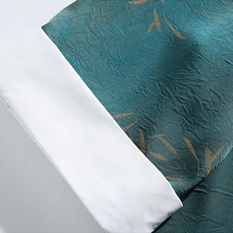 Buddha Stones Summer Bamboo Print Mandarin Collar Frog Buttons Men's Elbow-Length Sleeve Shirt