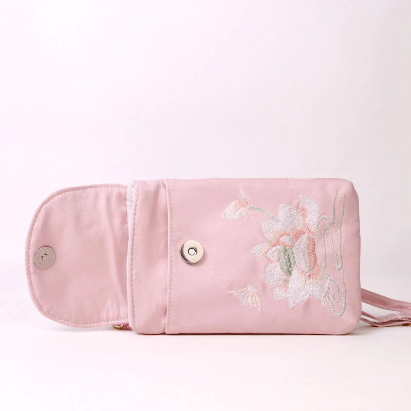 Buddha Stones Small Embroidered Flowers Crossbody Bag Shoulder Bag Double Layer Cellphone Bag