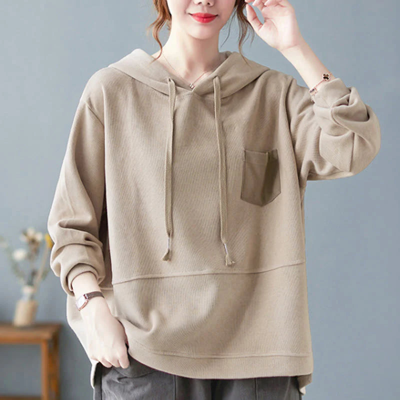 Buddha Stones Fall Solid Color Decorative Pocket Cotton Long Sleeve Women's Hoodie