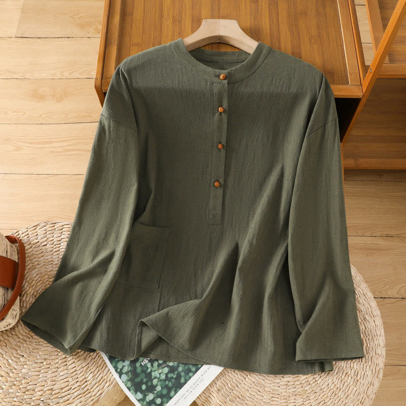 Buddha Stones Summer Casual Pure Color Half Button Simple Design Women's Cotton Linen Half Sleeve Shirt With Pocket
