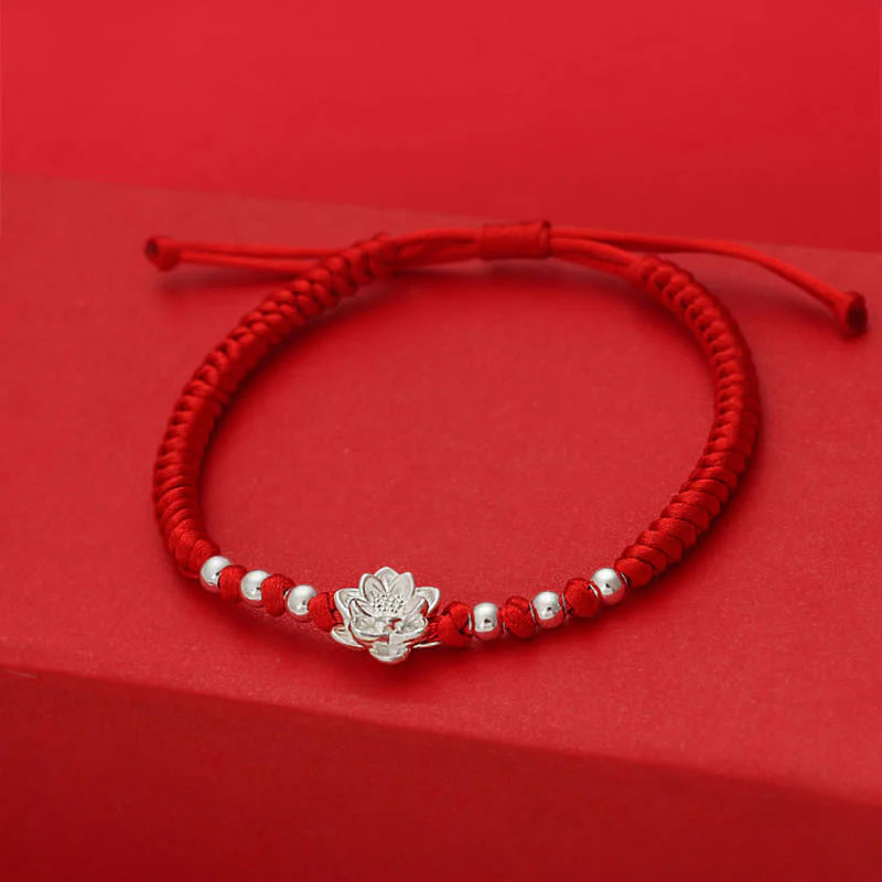 Buddha Stones 999 Sterling Silver Lotus Symbol 990 Sterling Silver Bead Red String Luck Bracelet