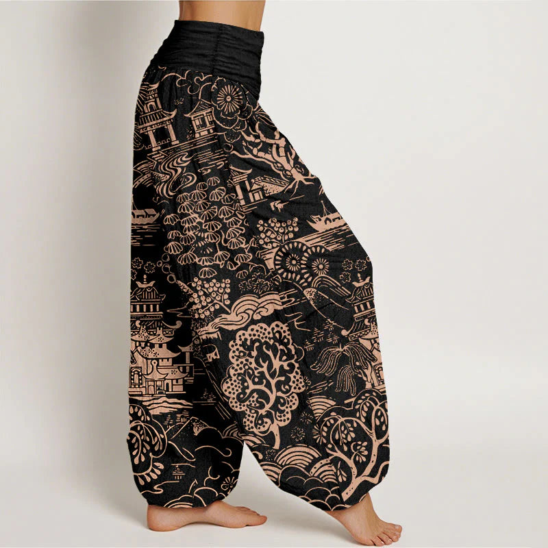 Buddha Stones Cotton Exquisite Tree Building Cloud Pattern Women's Elastic Waist Harem Pants
