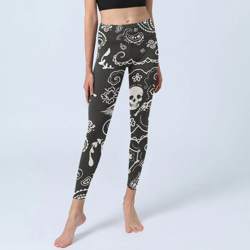 Buddha Stones Paisley Skull Wing Pattern Gym Leggings Women's Yoga Pants