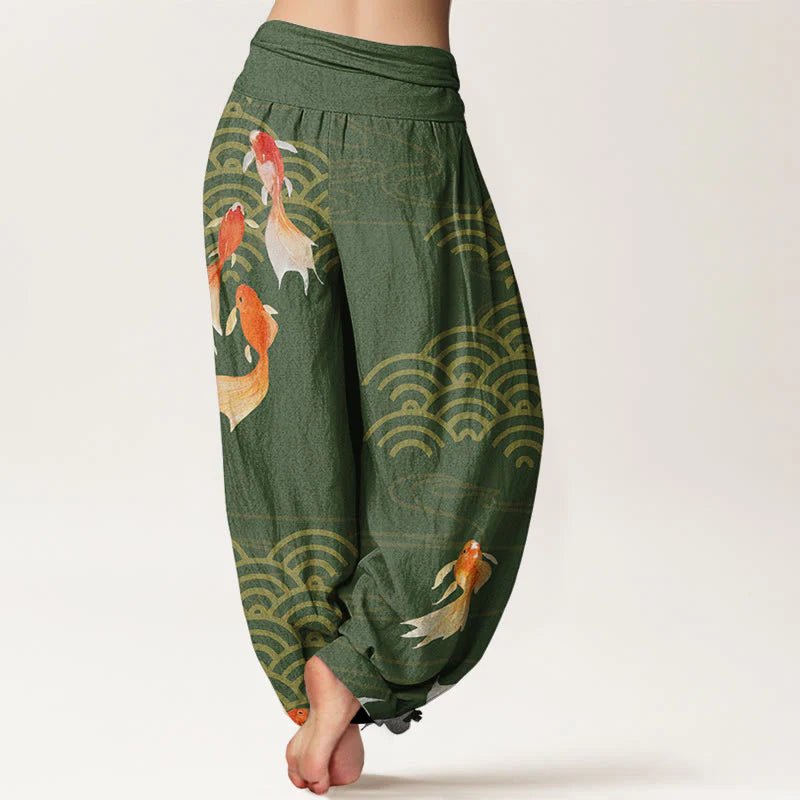 Buddha Stones Pure Cotton Red Koi Fish Fan-shaped Waves Women's Elastic Waist Harem Pants
