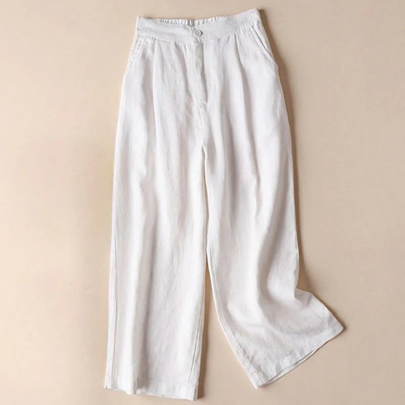 Buddha Stones Commute Solid Color 7-8 Length Cotton Linen Women's Wide Leg Pants With Pockets