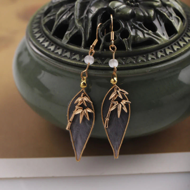 Buddha Stones Handcrafted Silk Art Bamboo Design Copper Hook Luck Protection Dangle Earrings