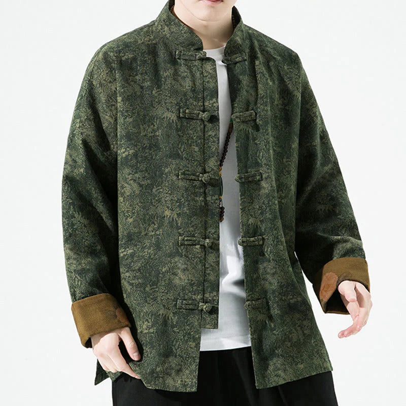 Buddha Stones Spring Printed Floral Pattern Men's Chinese Frog-button Long Sleeve Cotton Jacket