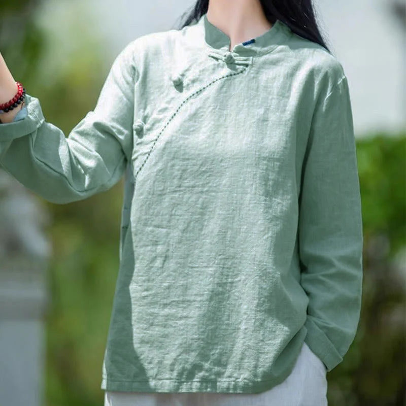Buddha Stones Oblique Collar Knot button Loose Linen Clothing