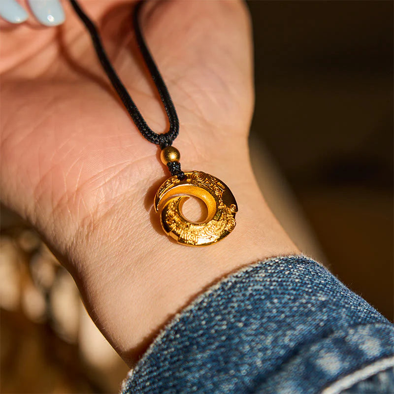 Buddha Stones 24k Gold Plated Brass Peace Buckle Black Rope Auspicious Necklace Pendant