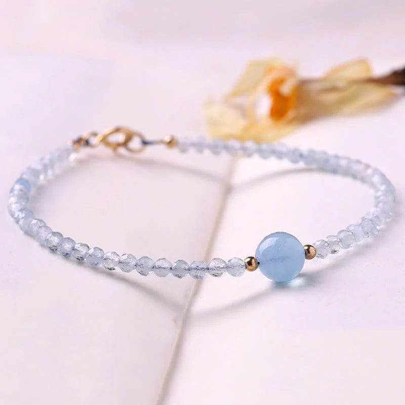 Buddha Stones Natural Aquamarine Ultra-Fine 2mm Faceted Bead Peace Bracelet