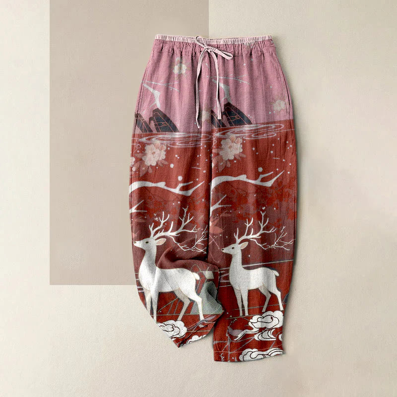 Buddha Stones Pure Cotton Pink Blossom Deer Mountain Pattern Women's Elastic Waist Pants With Pockets