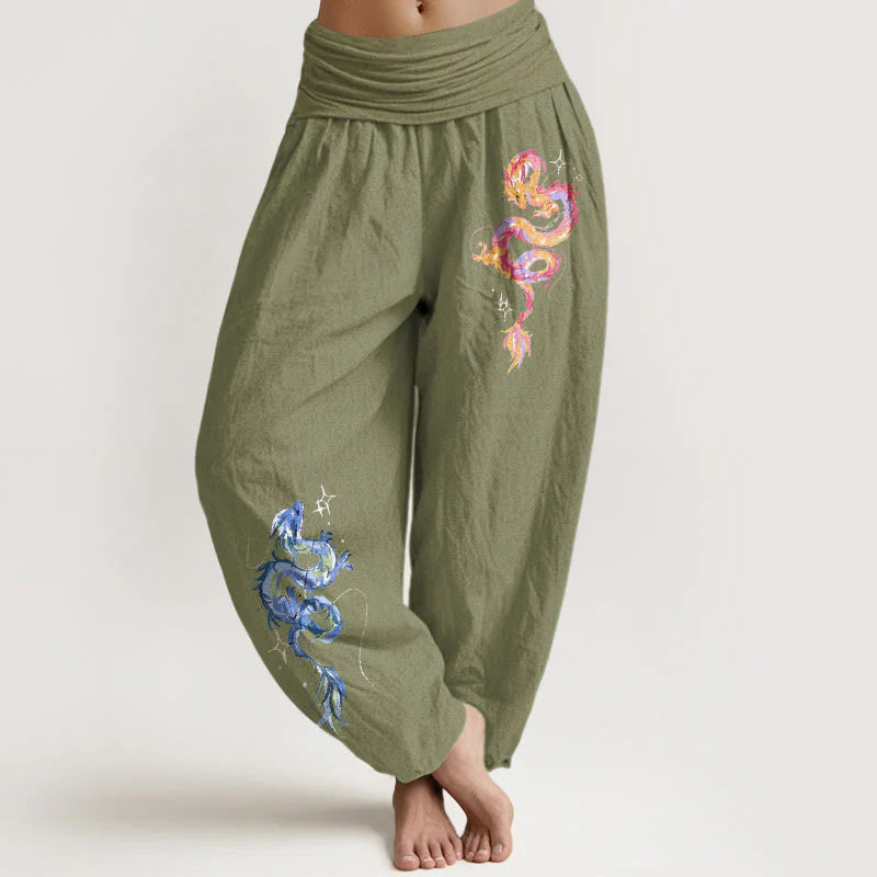 Buddha Stones Pure Cotton Striking Dragon Pattern Women's Elastic Waist Harem Pants