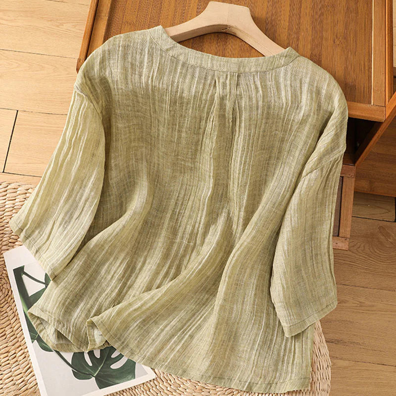 Buddha Stones Casual Summer Plain Crew Neck Women's  Cotton Linen Three Quarter Sleeve T-Shirt