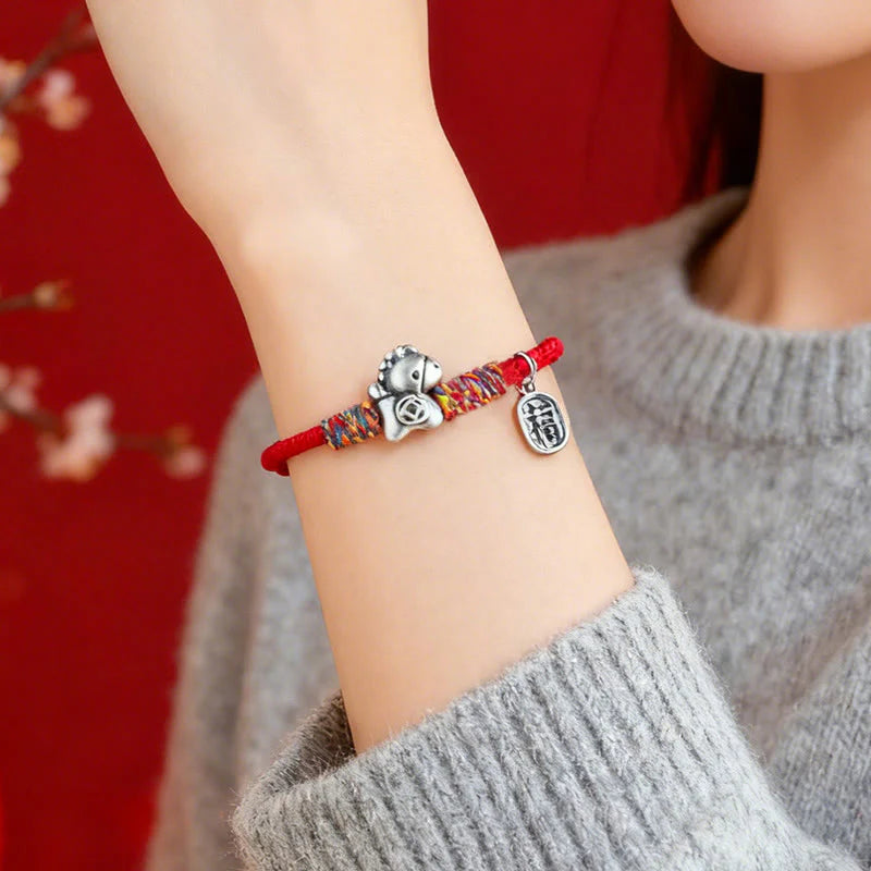 Buddha Stones 999 Sterling Silver Year Of The Horse Fu Character Attract Fortune String Rope Luck Bracelet
