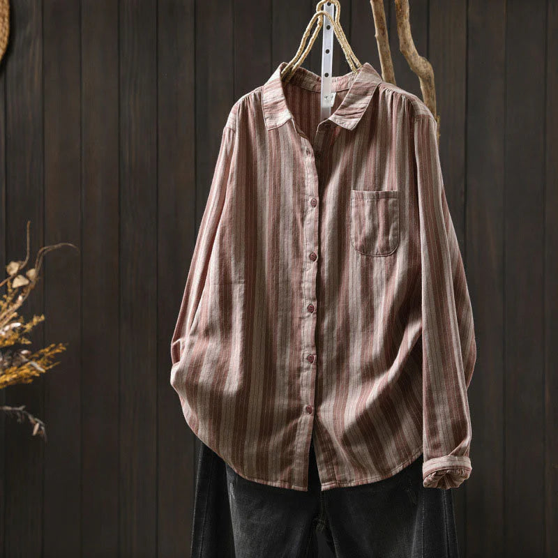 Buddha Stones Fall Vertical Stripes Button Down Stand Collar Long Sleeve Women's Cotton Shirt