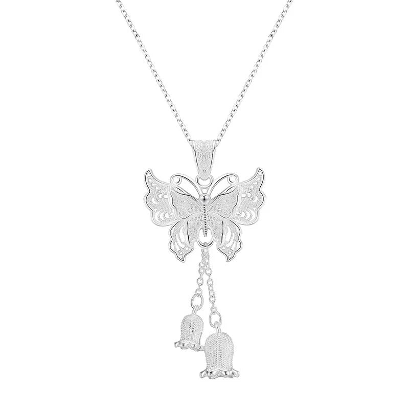 Buddha Stones 999 Sterling Silver Butterfly Lily Of The Valley Freedom Necklace Pendant