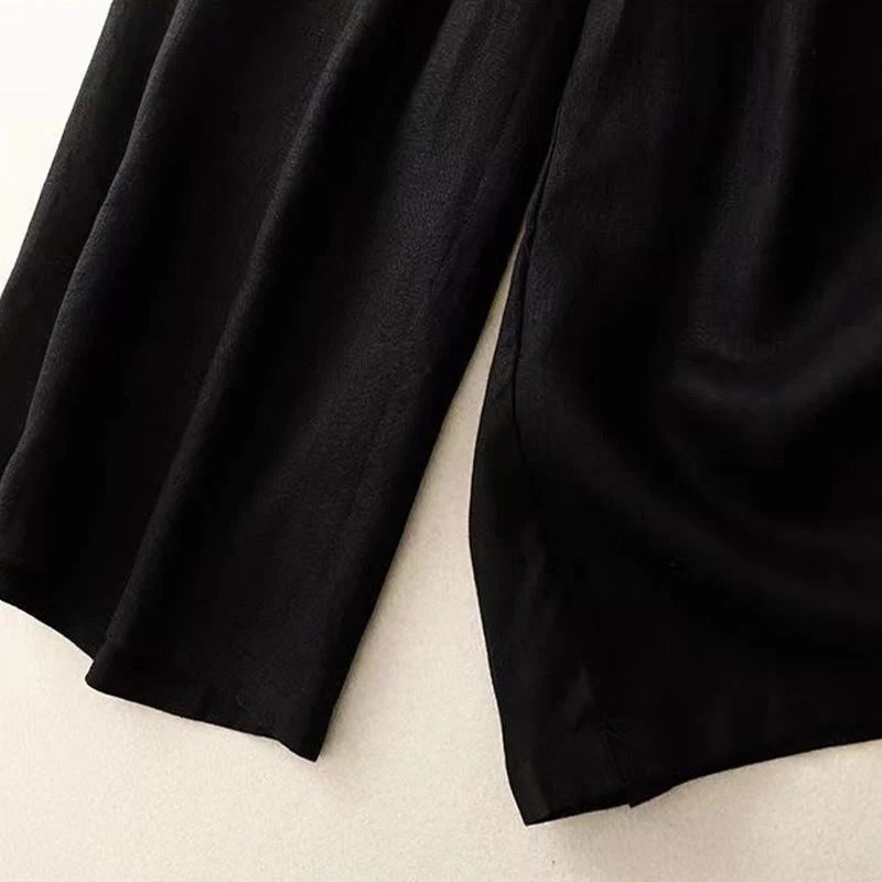 Buddha Stones Casual Solid Color One Button Women's Capri Wide Leg Pants With Pockets