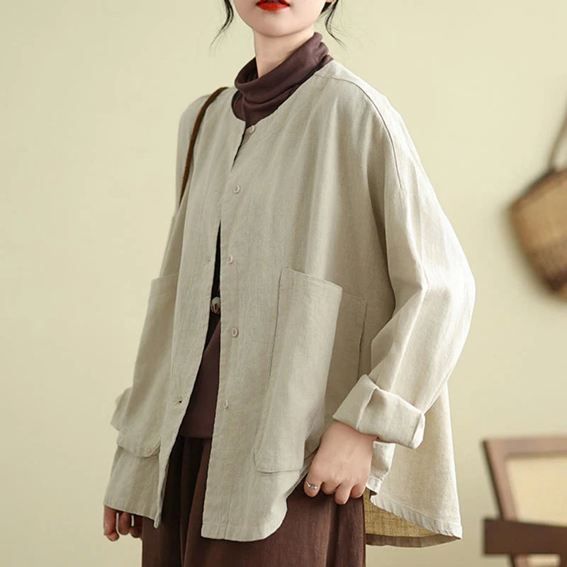 Buddha Stones Women's Long Sleeve Crew Neck Cotton Jacket With Pockets