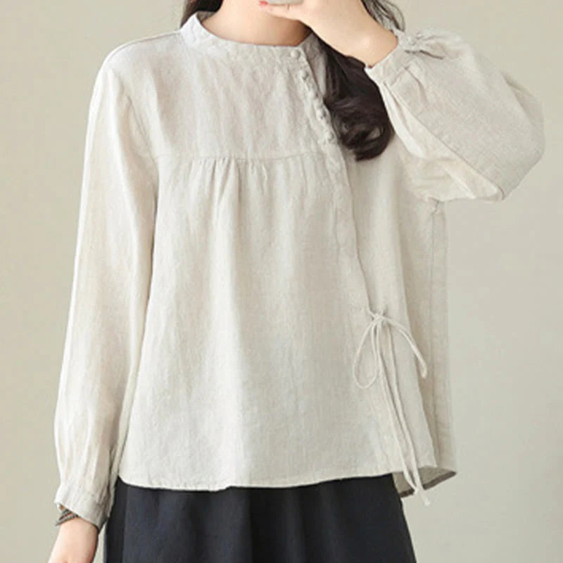 Buddha Stones Fall Casual Solid Color Stand Collar Long Sleeve Cotton Linen Women's Shirt