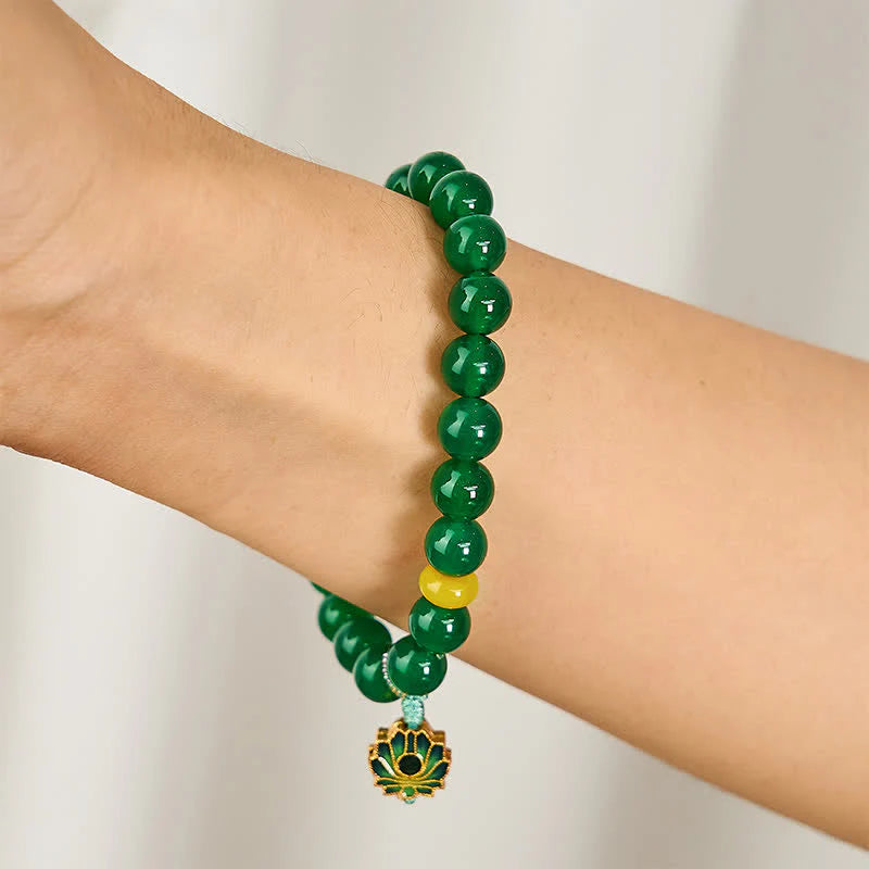 Buddha Stones Natural Green Agate Yellow Agate Lotus Charm Success Beaded Bracelet