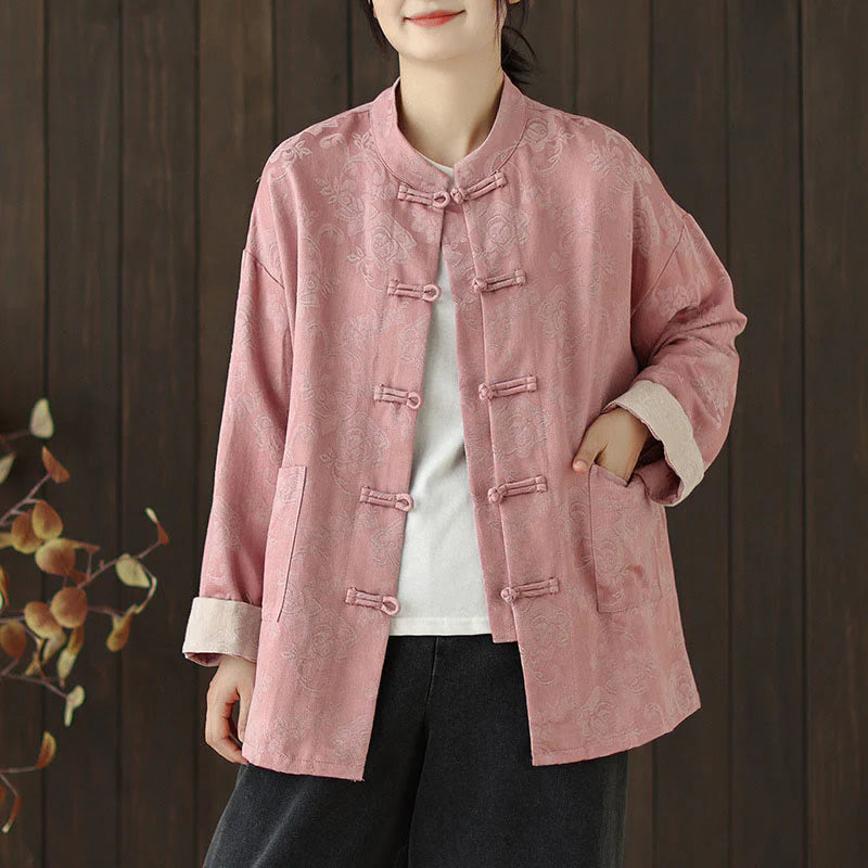Buddha Stones Fall Floral Print Frog-Button Stand Collar Long Sleeve Women's Cotton Shirt