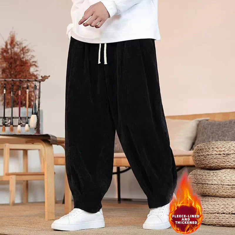 Buddha Stones Winter Pure Color Cotton Men's Harem Thickened Fleece-lined Pants With Pockets