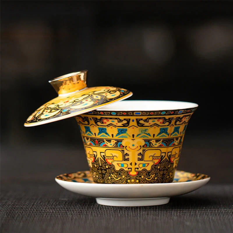 Buddha Stones Thangka Dragon Buddhas Dunhuang Ceramic Gaiwan Sancai Kung Fu Tea Cup And Saucer With Lid Gift Box 180ml