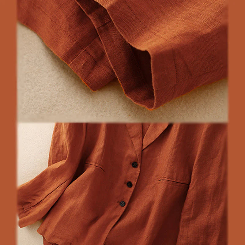 Buddha Stones Commute Retro Pure Color Lapel Cotton Linen Women's Jacket With Pockets