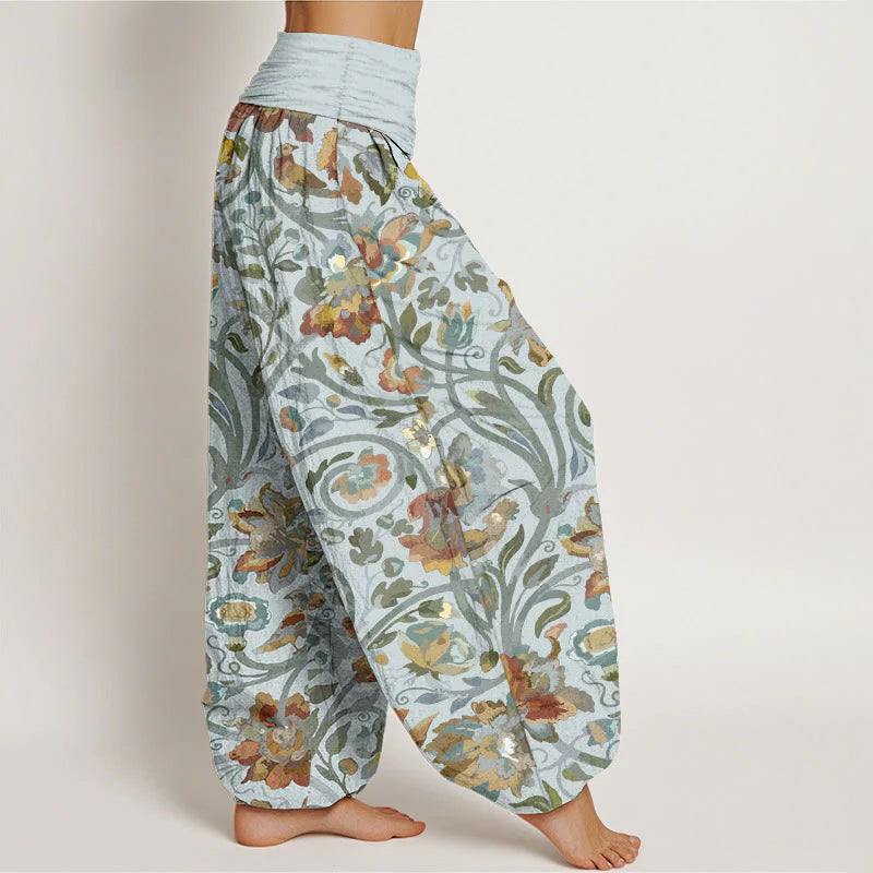 Buddha Stones Cotton Retro Flowers Vines Bird Pattern Women's Elastic Waist Harem Pants