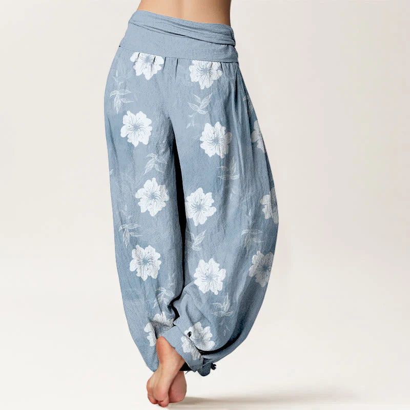 Buddha Stones Pure Cotton White Flowers Grass Women's Elastic Waist Harem Pants