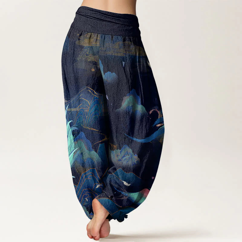 Buddha Stones Cotton Phoenix Mountain Cloud Pattern Women's Elastic Waist Harem Pants