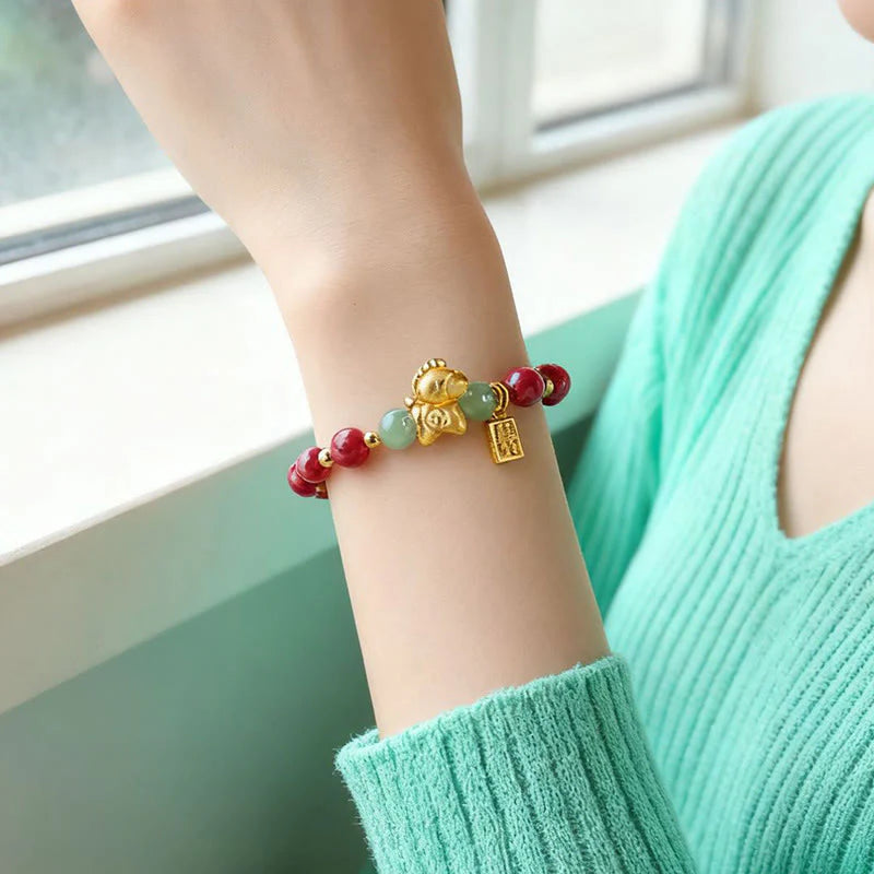 Buddha Stones Chinese Zodiac Year of the Horse Fu Character Cinnabar Hetian Jade Blessing Bracelet