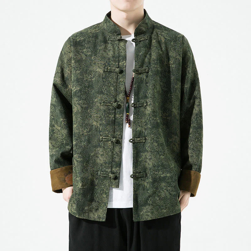 Buddha Stones Spring Printed Floral Pattern Men's Chinese Frog-button Long Sleeve Cotton Jacket