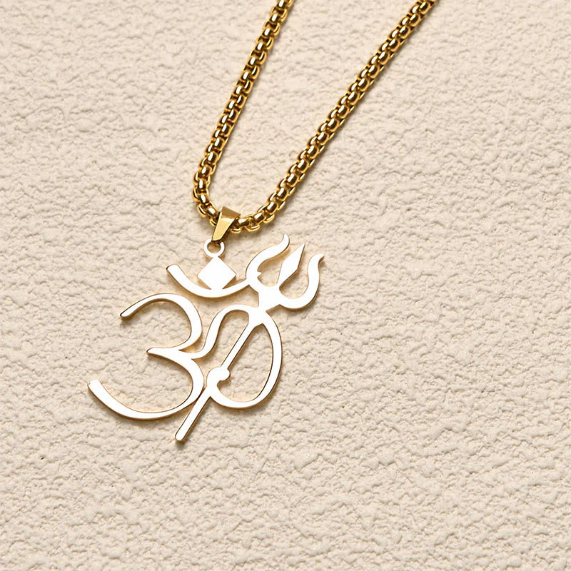 Buddha Stones Trident OM Symbol Stainless Steel Connection Necklace Pendant