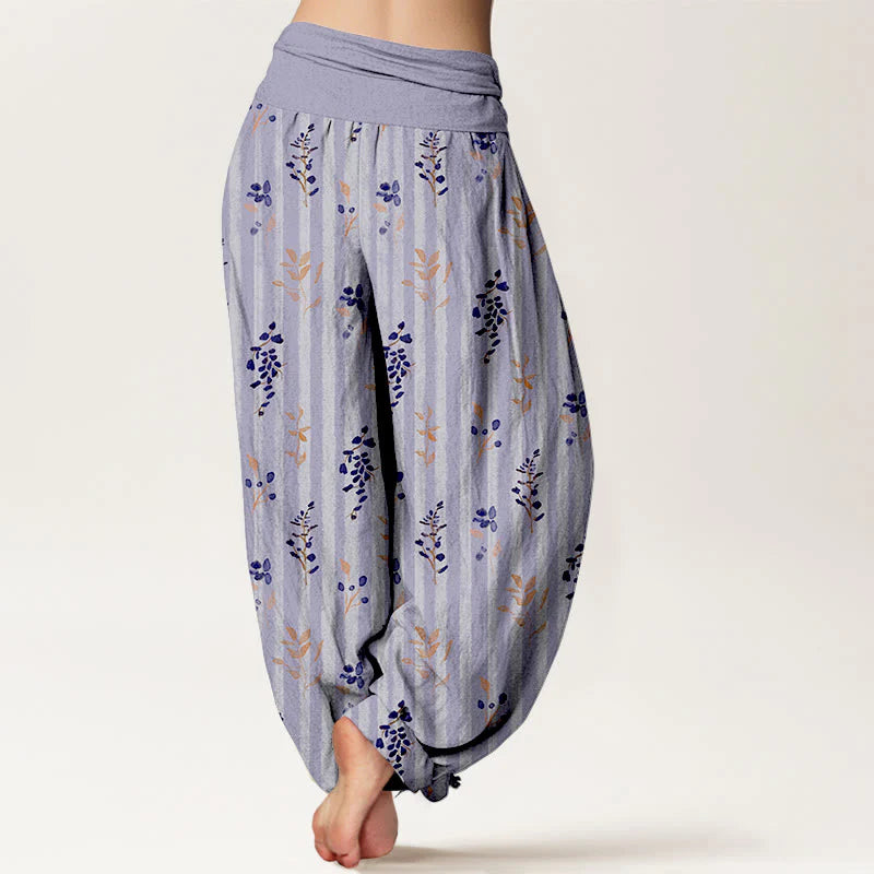 Buddha Stones Cotton Softly Colored Leaf Striped Pattern Women's Elastic Waist Harem Pants