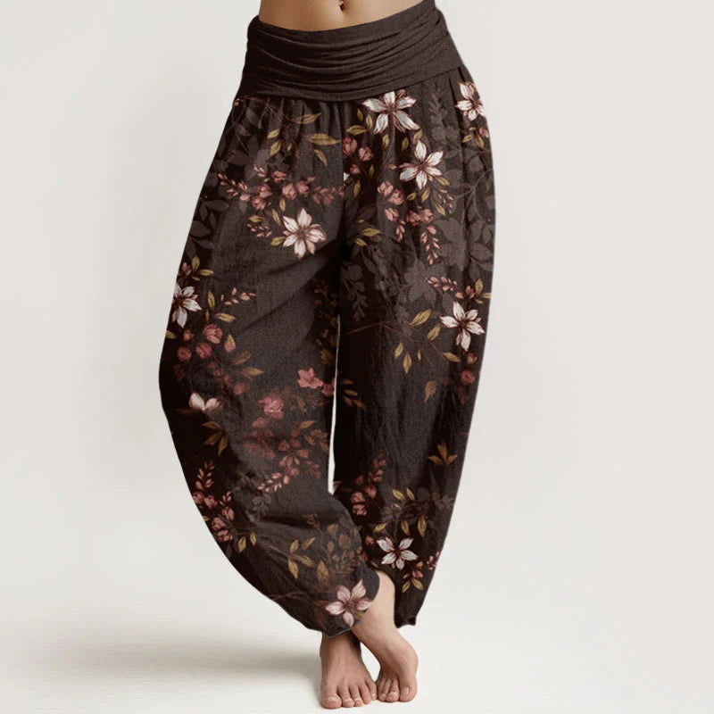 Buddha Stones Cotton Small White Blossoms Green Leaves Women's Elastic Waist Harem Pants