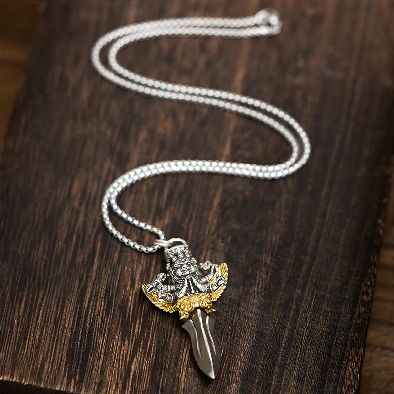 Buddha Stones Tibetan Vajra Three Heads Six Arms Design Copper Healing Spiritual Power Necklace Pendant