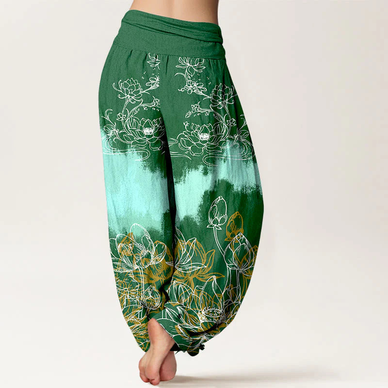 Buddha Stones Cotton Colorful Lotus Pattern Women's Elastic Waist Harem Pants