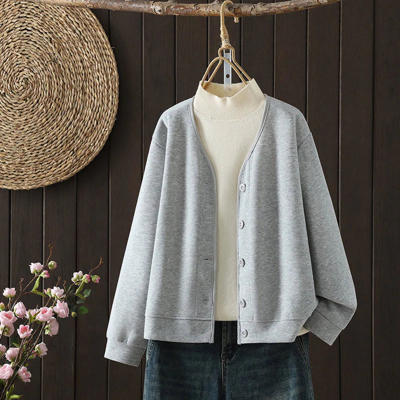 Buddha Stones Simple Plain V-Neck Buttons Down Design Women's Cotton Long Sleeve Jacket