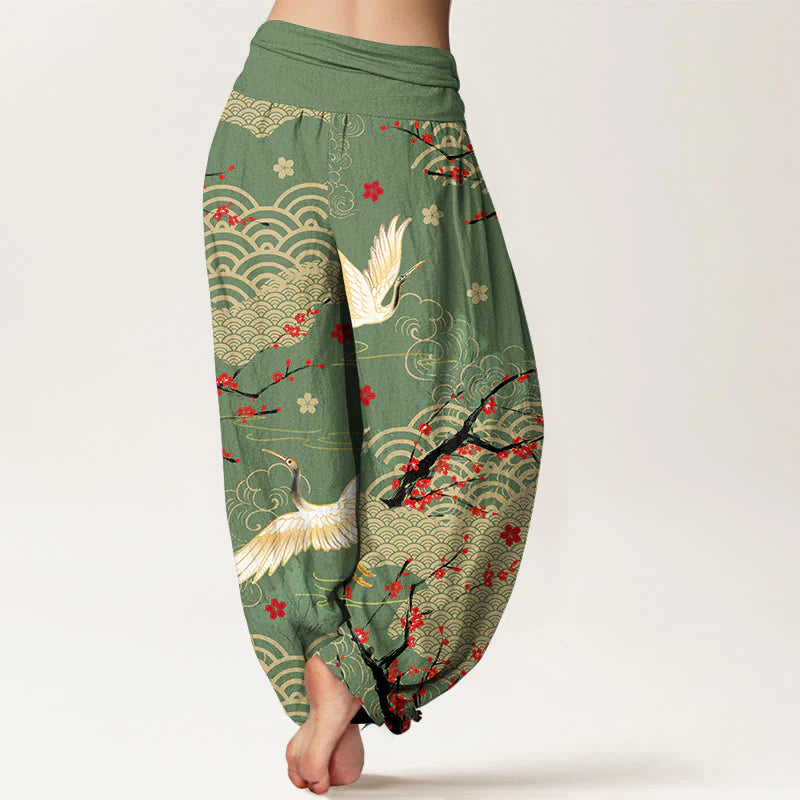 Buddha Stones Print Crane Auspicious Clouds Flowers Pattern Women's Elastic Waist Harem Cotton Pants