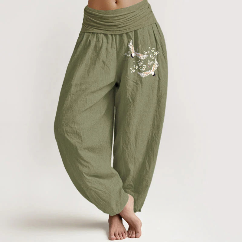 Buddha Stones Cranes Flowers Pattern Pure Cotton Women's Elastic Waist Harem Pants