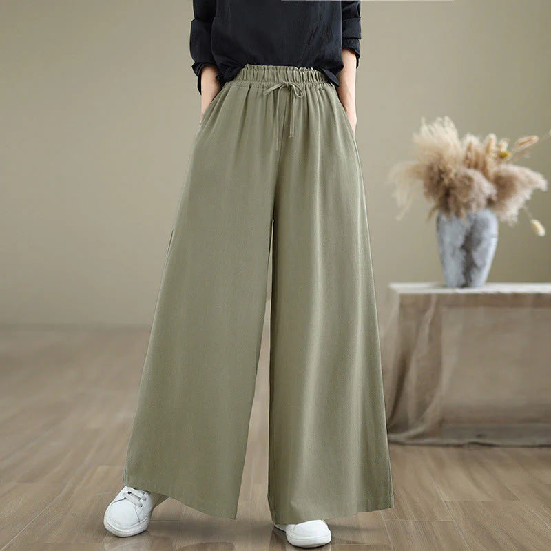 Buddha Stones Women's Pure Color Drawstring Cotton Linen Wide Leg Ankle-Length Pants With Pockets