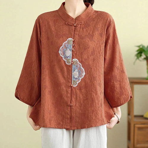 Buddha Stones Flower Embroidery Jacquard Three Quarter Sleeve Frog-Button Cotton Women's Shirt