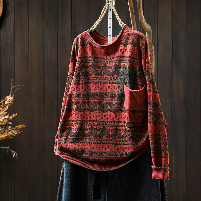 Buddha Stones Fall Plant Floral Pattern Crew Neck Long Sleeve Women's Cotton Sweater With Pocket